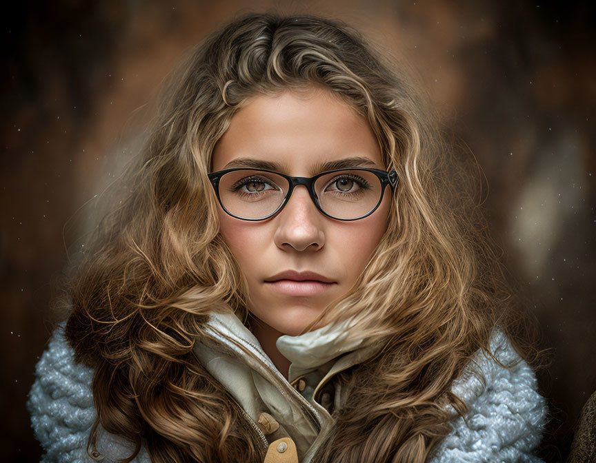 Curly-Haired Woman in Glasses, White Sweater, Beige Coat on Brown Background