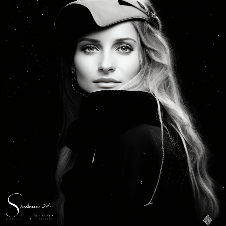 Monochrome portrait of woman in cap with long hair gazing dreamily, set against starlit backdrop