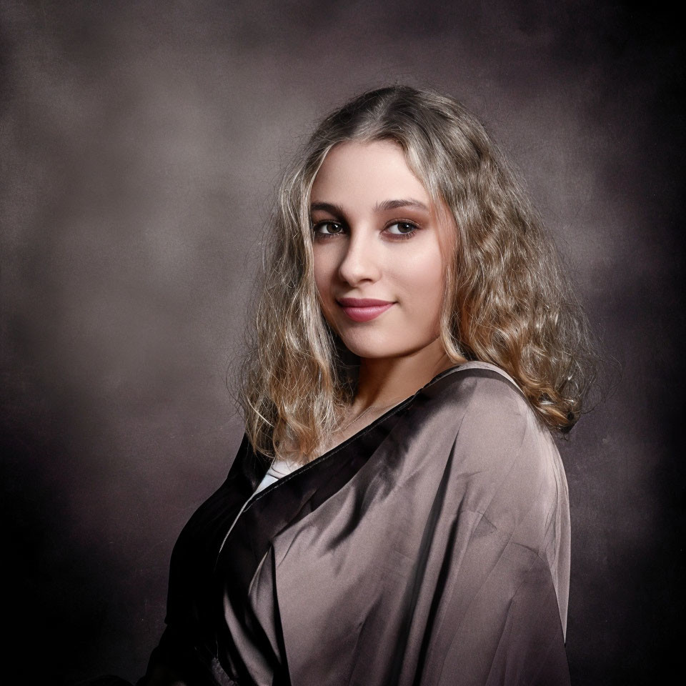 Portrait of young woman with shoulder-length curly hair in dark blouse on gray backdrop