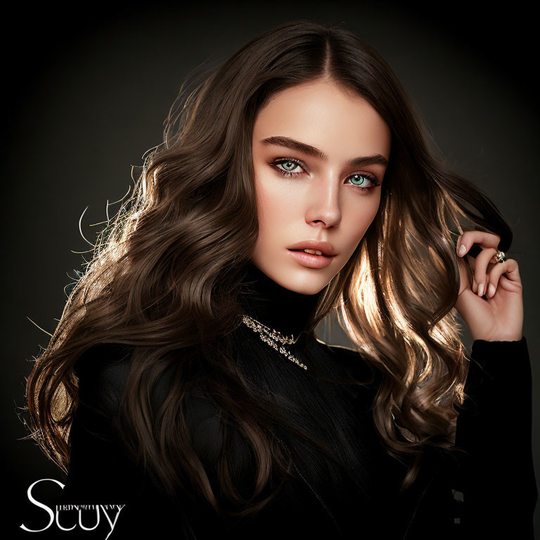 Portrait of Woman with Wavy Brown Hair and Blue Eyes in Black Turtleneck