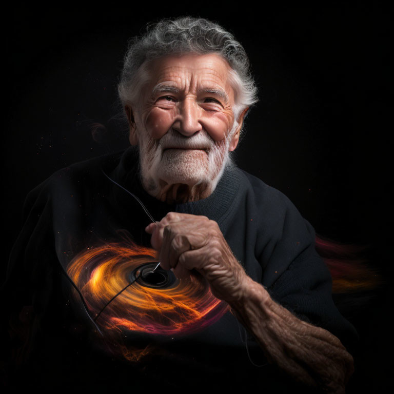 Elderly Person with White Beard Holding Cane with Abstract Light Swirl