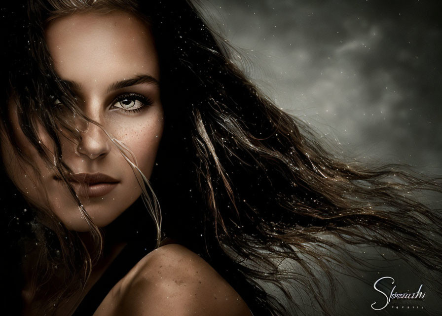 Striking-eyed woman with long hair on dark, speckled backdrop