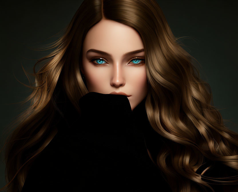 Portrait of Woman with Long Brown Hair and Blue Eyes in Black Turtleneck