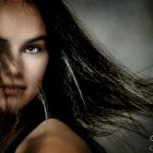 Striking-eyed woman with long hair on dark, speckled backdrop