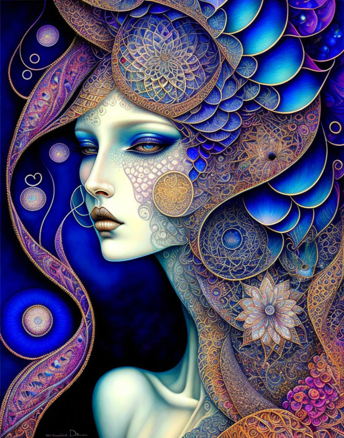 Colorful Stylized Artwork: Woman with Mandala Hair & Skin Patterns