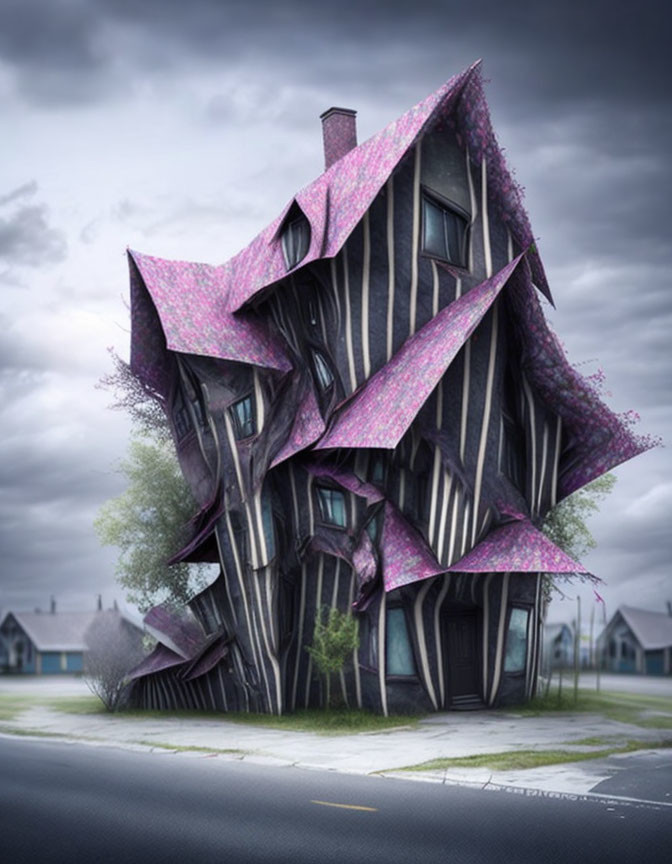 Surreal digitally altered photo of twisted violet house in stormy sky