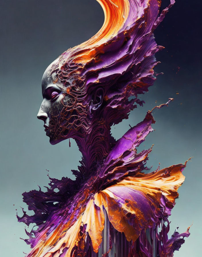 Profile view digital artwork merging humanoid face with vivid purple and orange splash.