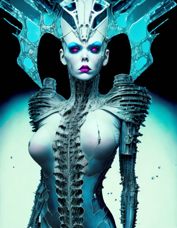 Futuristic being with crown-like headgear and intricate armor on blue gradient background