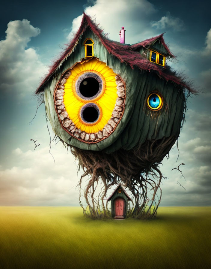 Whimsical face-shaped house on tree under cloudy sky