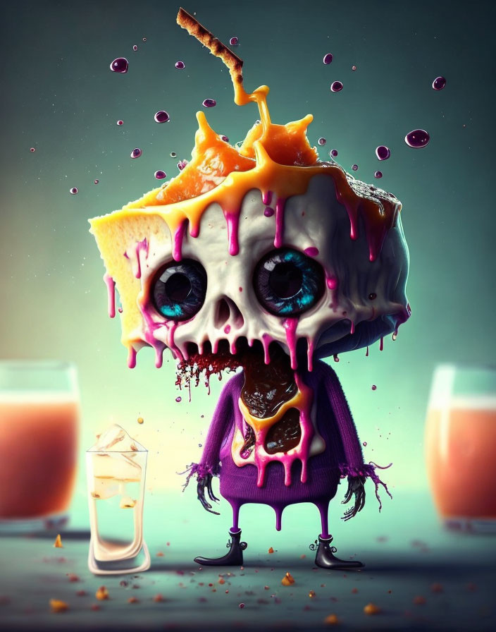 Skull-headed character in purple sweater with colorful liquid drips