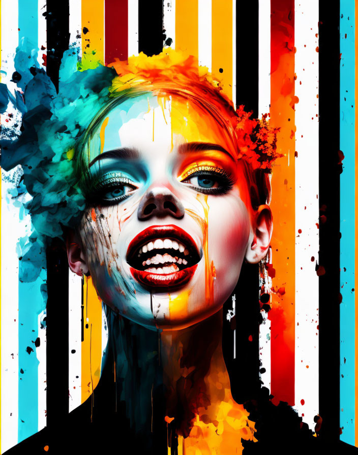 Vibrant abstract portrait with colorful paint streaks on striped background