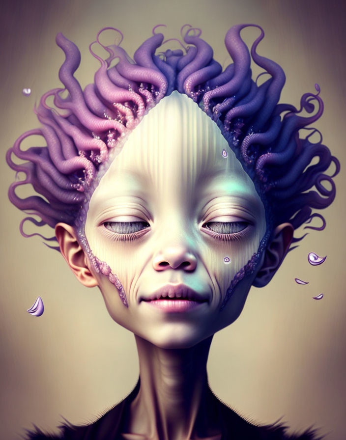 Portrait of individual with closed eyes, serene expression, tentacle-like shapes, and droplets on face