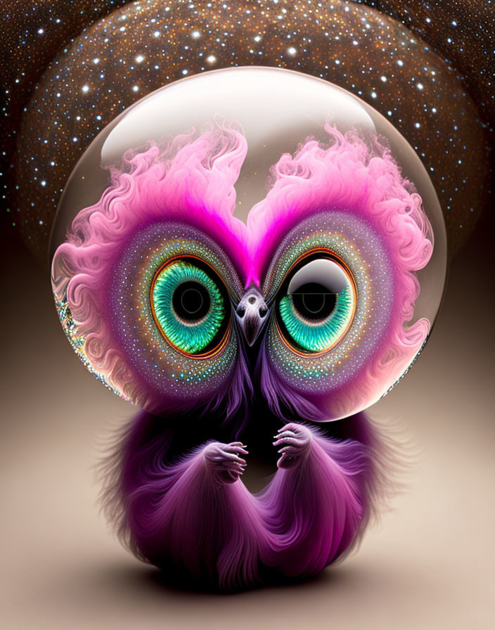 Vibrant owl-like creature in cosmic sphere artwork