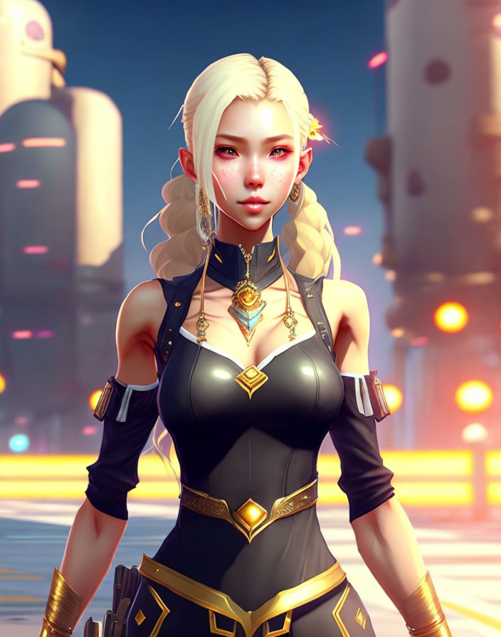 Blonde braided female character in black and gold outfit against futuristic city backdrop