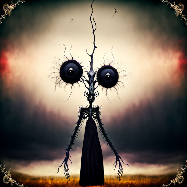 Surreal figure with circular eyes under stormy sky & birds