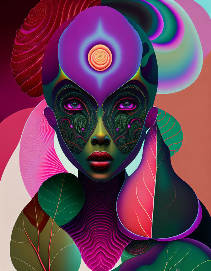 Colorful Stylized Female Figure with Prominent Eyes and Third Eye Design