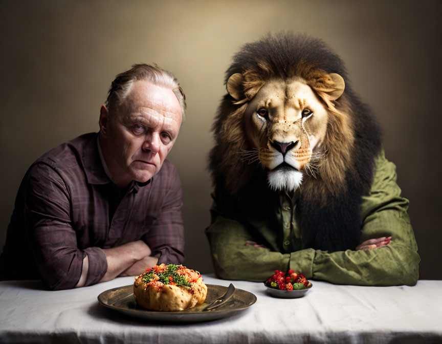 Man and lion in human attire at table with dish and berries in intense gaze.