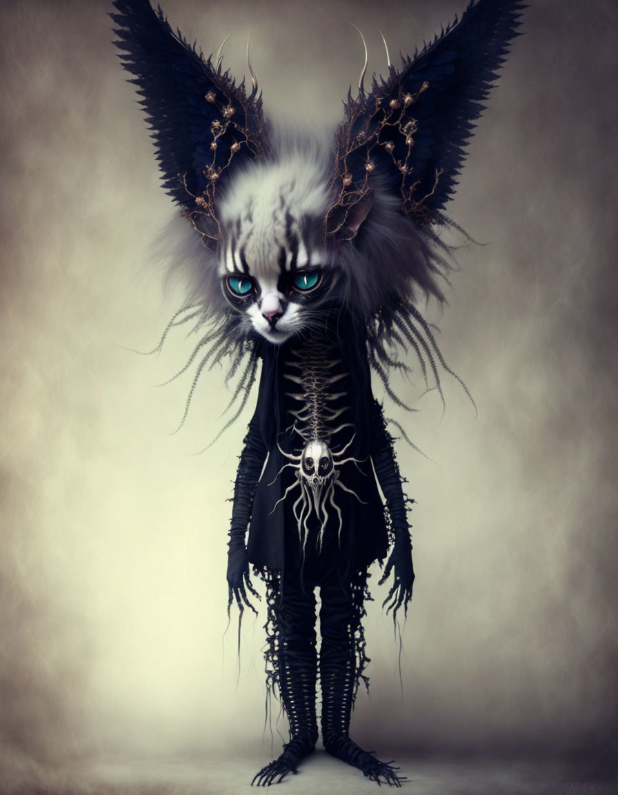 Mythical creature with feline features in black robe