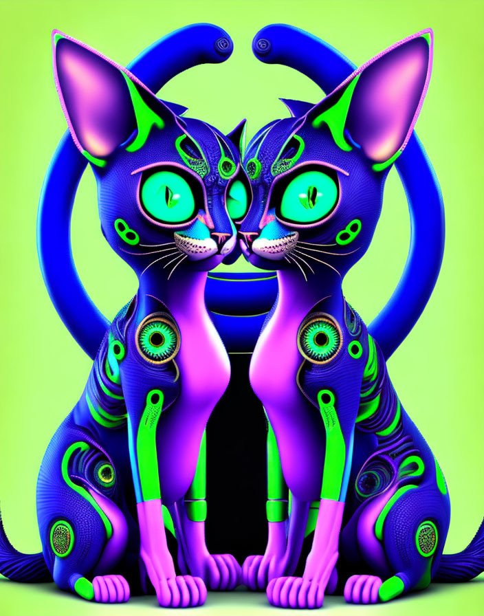 Colorful Psychedelic Cats Illustration on Bright Green Background