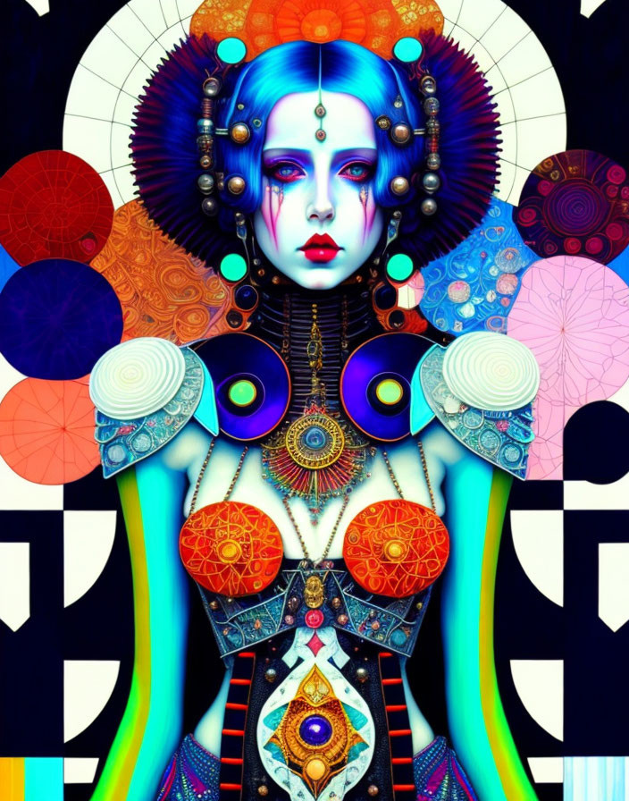 Colorful digital art: Woman with blue skin, intricate headpiece, ornate jewelry, psychedelic patterns