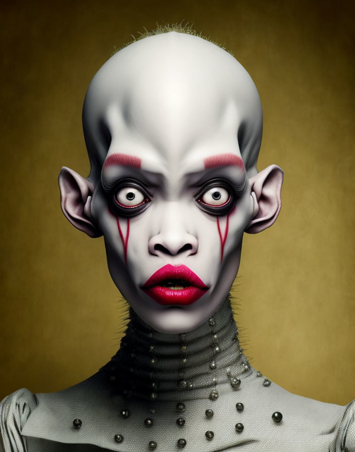 Pale-skinned humanoid with red eye makeup and lips on yellow background