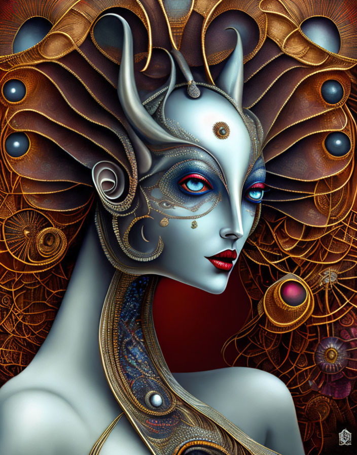 Stylized digital artwork of female figure with horn-like headgear in gold and blue palette.