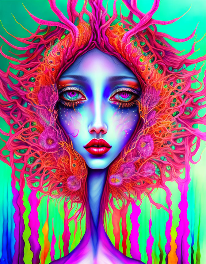 Fantasy artwork of female figure with blue skin and coral headpiece on teal backdrop