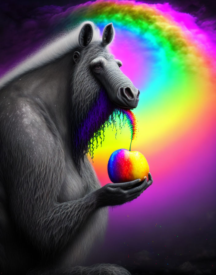 Surreal mandrill with apple in cosmic rainbow scene