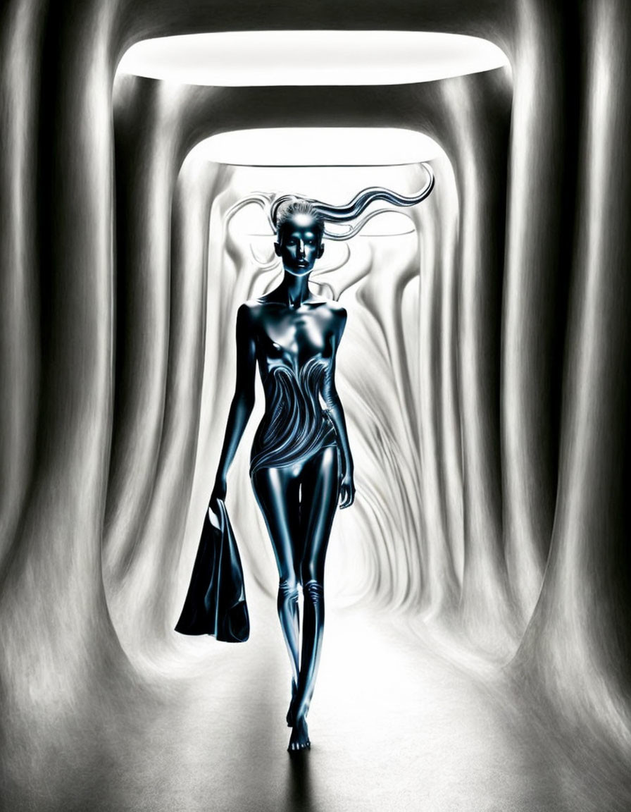 Silver humanoid figure in futuristic tunnel corridor with glossy walls