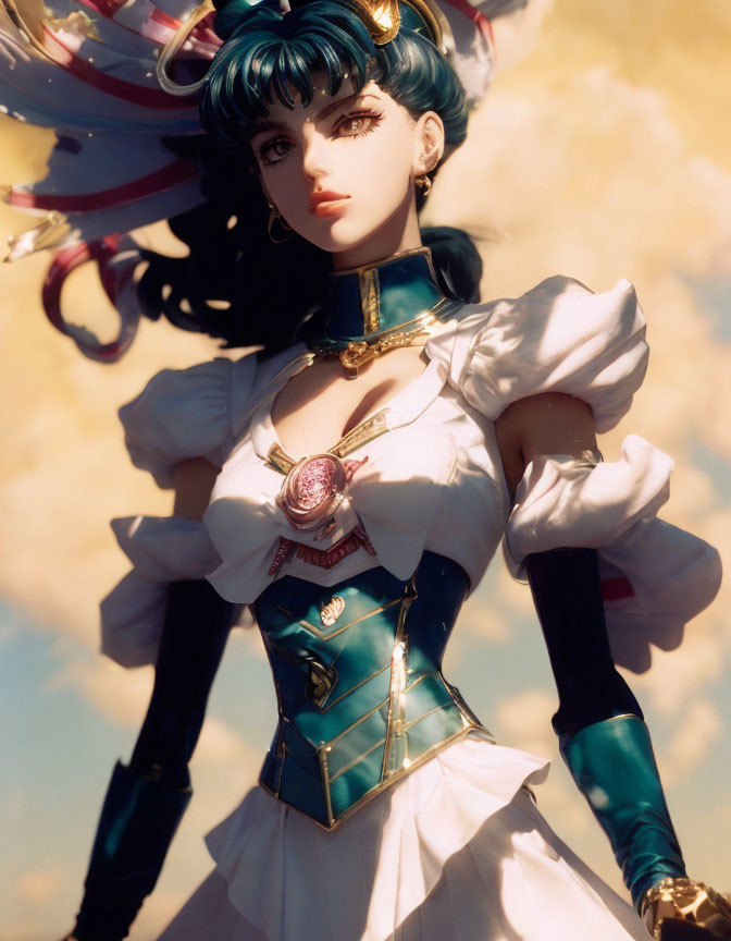 Female character with green hair and gold accessories in white and blue outfit with dramatic collar and gemstone.