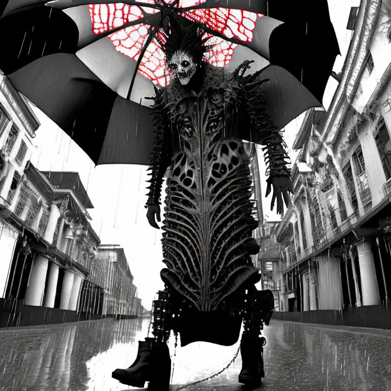 Skeleton Costume Person with Spider-Web Umbrella in Rainy Street