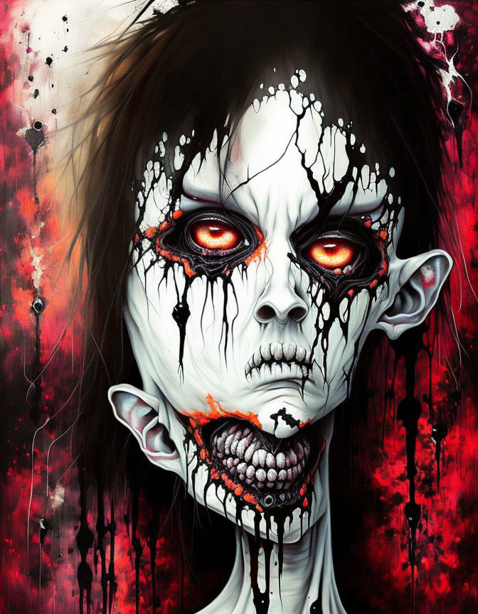 Illustration of sinister figure with pallid skin and red eyes on red backdrop