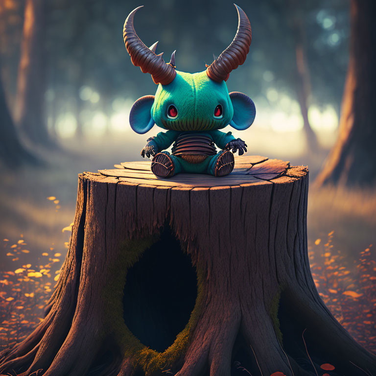 Whimsical illustration of animated character with oversized ram horns in mystic forest