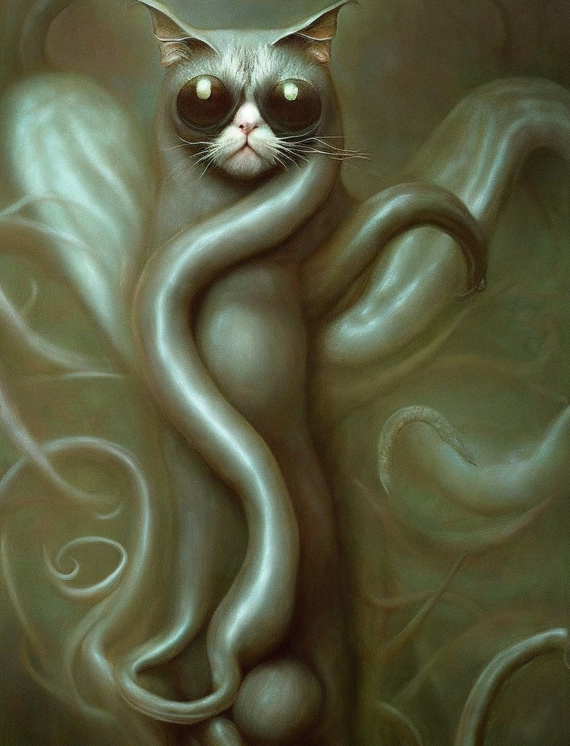 Surrealistic Wide-Eyed Cat with Elongated Limbs and Ethereal Patterns