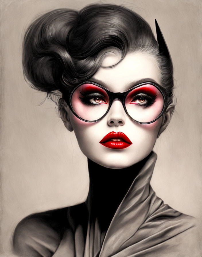 Illustration of woman with retro hair, dramatic makeup, red lipstick, cat-eye glasses, in high