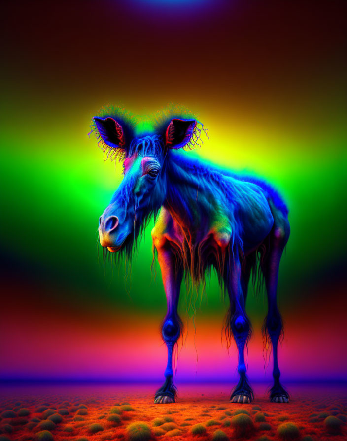 Vibrant neon digital art: surreal shaggy donkey on colorful gradient.