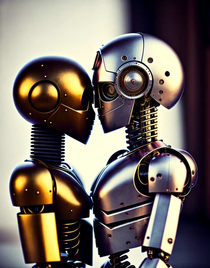 Intricate humanoid robots in close interaction showcase metallic surfaces