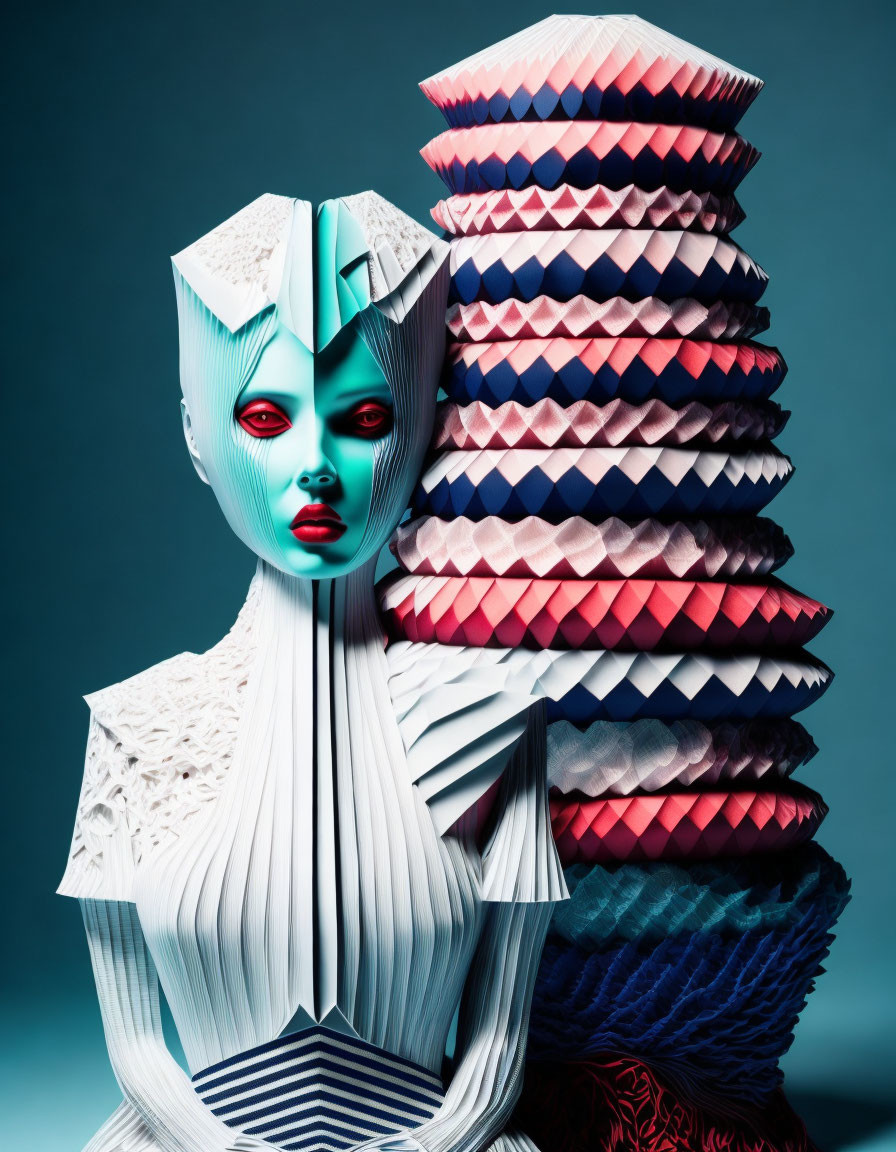 Geometric humanoid figure with paper-like textures in blue and red colors