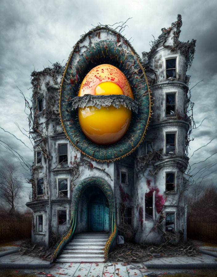 Deserted structure with cracked giant egg and vibrant yolk under stormy sky