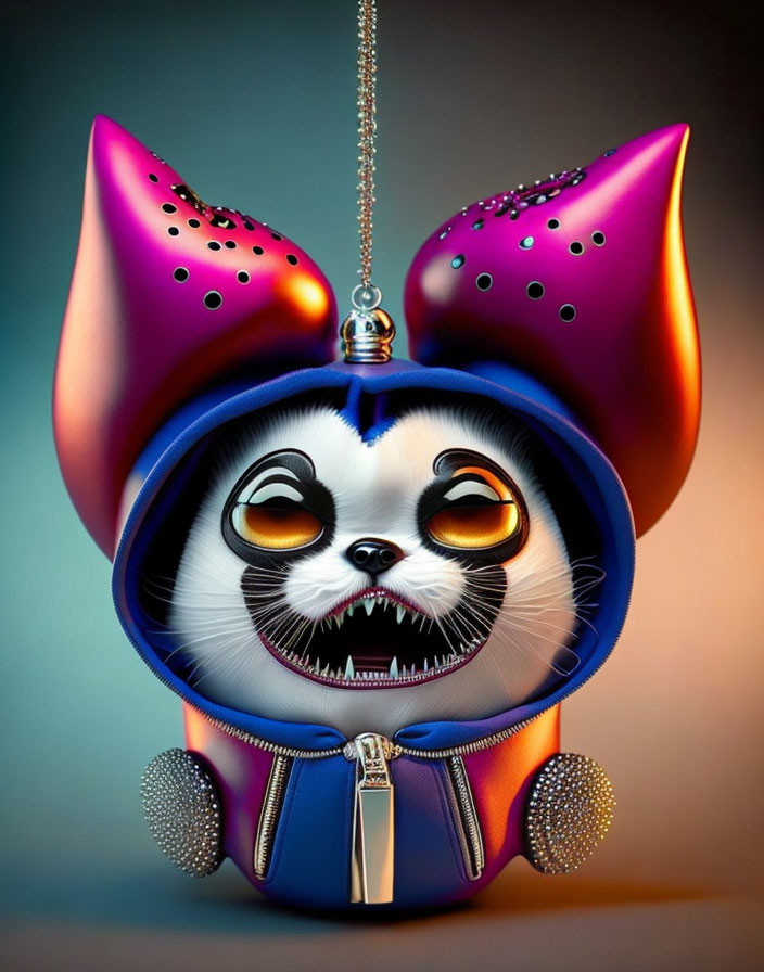 Whimsical dog face pendant in colorful cat hood with diamond accents