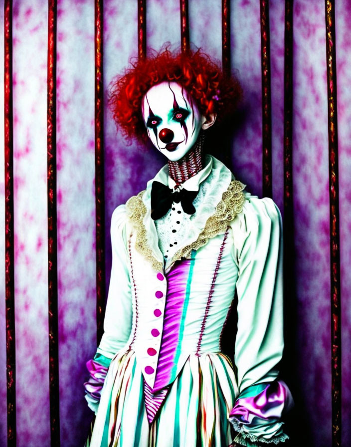 Sinister clown in vintage ruffled costume on purple backdrop