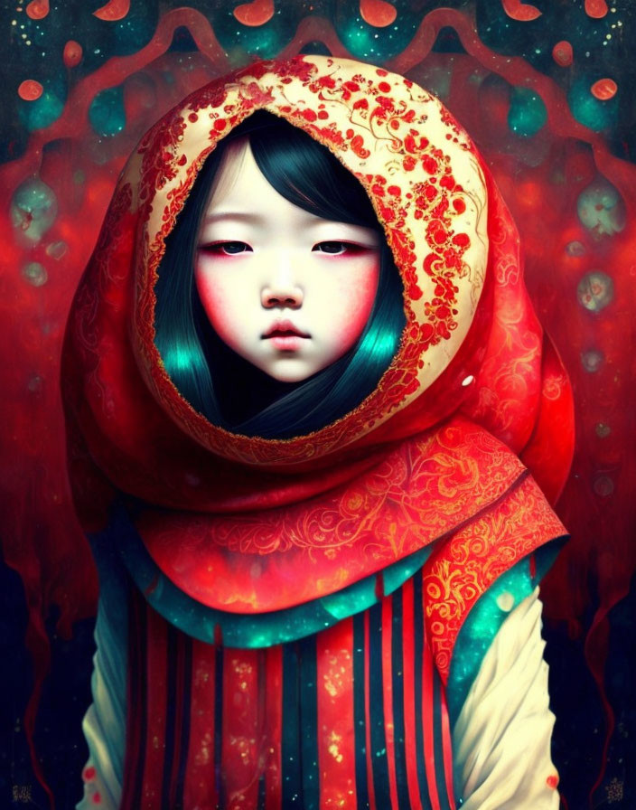 Portrait of a girl in red hood with pale skin against starry background