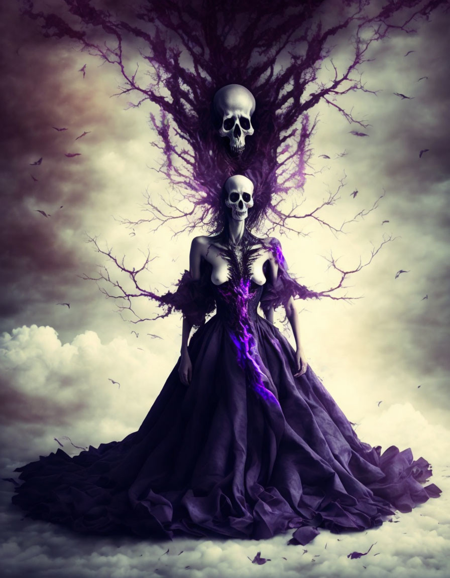 Dark ruffled gown woman under skull with purple mist and birds in cloudy sky