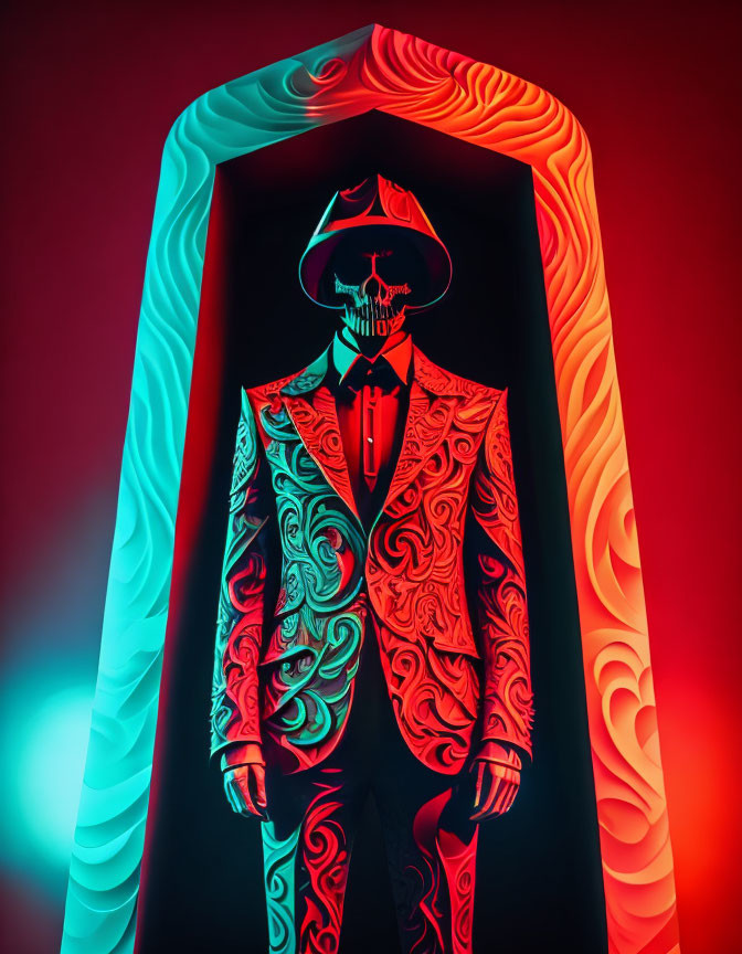 Colorful Skeleton Artwork in Patterned Suit and Hat Under Neon Archway