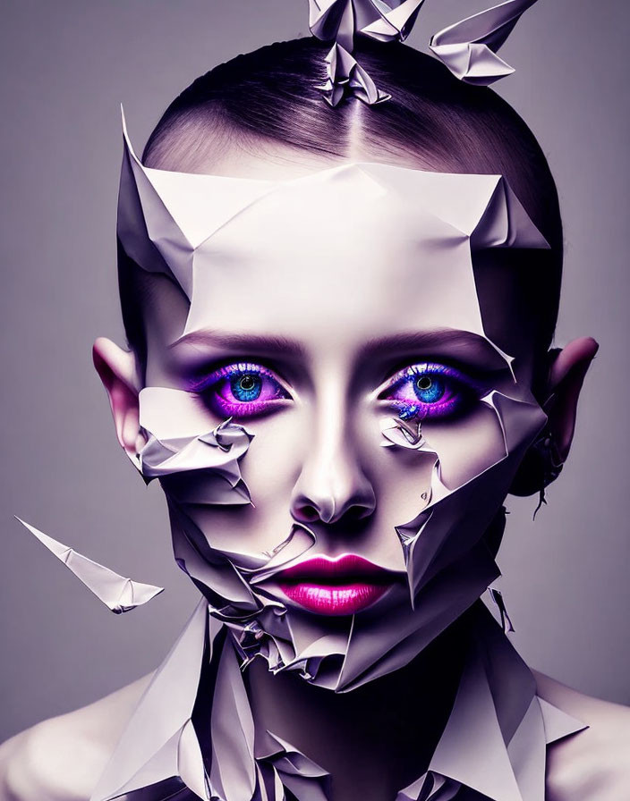 Woman's face with blue eyes and geometric origami-like structures.