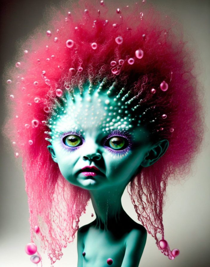 Vibrant surreal portrait of a creature with pink hair, green skin, and purple eyes