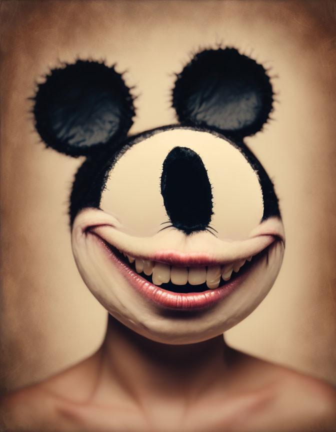 Cartoonish bear mask with wide smile on sepia background