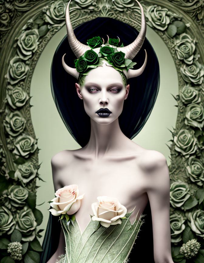 Stylized portrait with pale skin, dark lips, large horns, green roses, white rose,