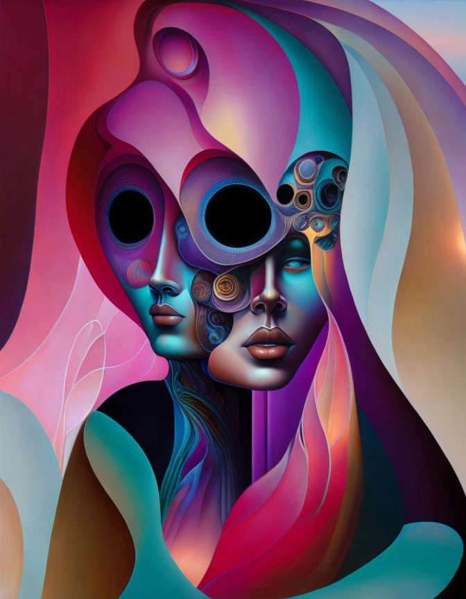 Interconnected Faces with Abstract Elements and Circular Patterns