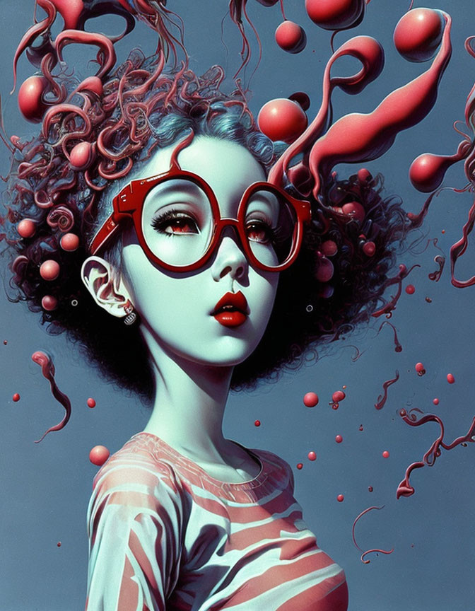 Digital artwork featuring female figure with curly hair and red glasses